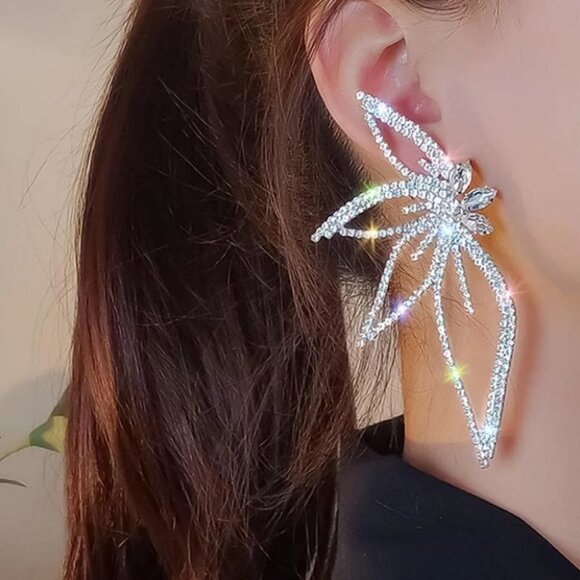 Rhinestone Leaf Design Studded Silver Earrings - Picture 2 of 12